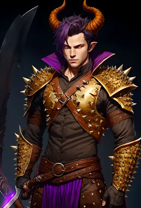 Umber Yellow and burnt orange skin colored male tiefling with purple eyes and spiky horns and spiky tail wearing rogue armor and holding a dagger