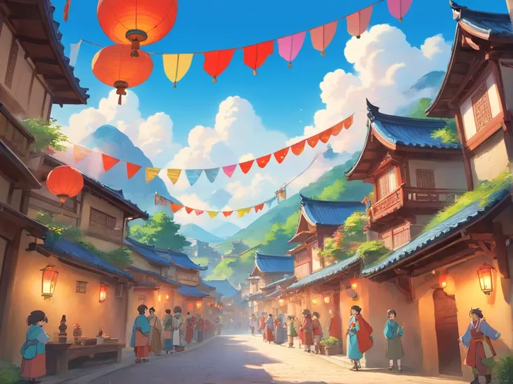 The scene of the festival paints a joyful and lively atmosphere。The whole village is dressed up with blue skies and white clouds，Colorful bunting flutters in the air，The villagers are dressed in Zhuang costumes，With a smile of joy and anticipation，Come tog...