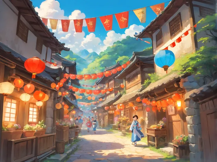 The scene of the festival paints a joyful and lively atmosphere。The whole village is dressed up with blue skies and white clouds，Colorful bunting flutters in the air，The villagers are dressed in Zhuang costumes，With a smile of joy and anticipation，Come tog...