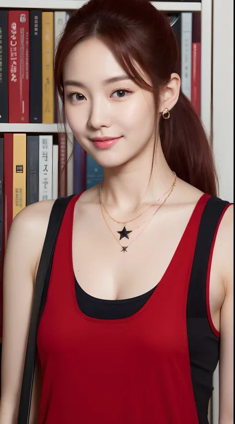 Realistic photos of (1 cute Korean star) red ponytail, thin makeup, slightly smile, 32 inch breasts size, wearing black tank top, necklace, pants, standing at bookstore, close-up portrait, UHD