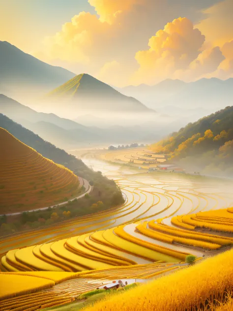 Golden Yellow Mountains，There are houses in the distance，Cooking smoke wafts from the house，A creek zigzags and stretches，The rice fields are golden yellow，Harvest autumn，There are golden piles of rice，Man holding rice on the right，There is a close-up of r...