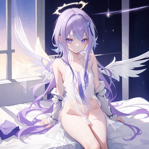 An anime teen girl, sitting on bed, (((half naked))), cinematic light, slim body with curves, skin is perfectly white, soft, and smooth, ((no nsfw)), Extremely delicate and beautiful CG illustration, best quality, high resolution, dynamic angle, full-lengt...