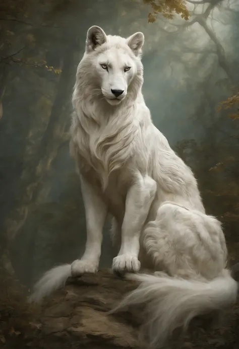 A strikingly mystical creature, reminiscent of a large, magical female monster, takes center stage in this vintagepunk artwork. The image, possibly a captivating painting or a carefully captured photograph, showcases an awe-inspiring big white creature wit...