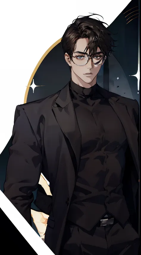 mature male wearing golden glasses，wearing black suits，a broad shouldered，large tall，dark brown  hair，look at the camera insidio...