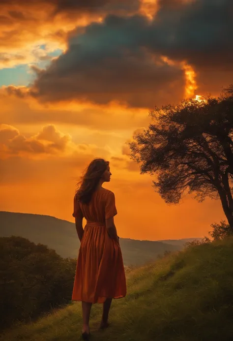 a girl standing in a hill and look in the sun sine orange cloud