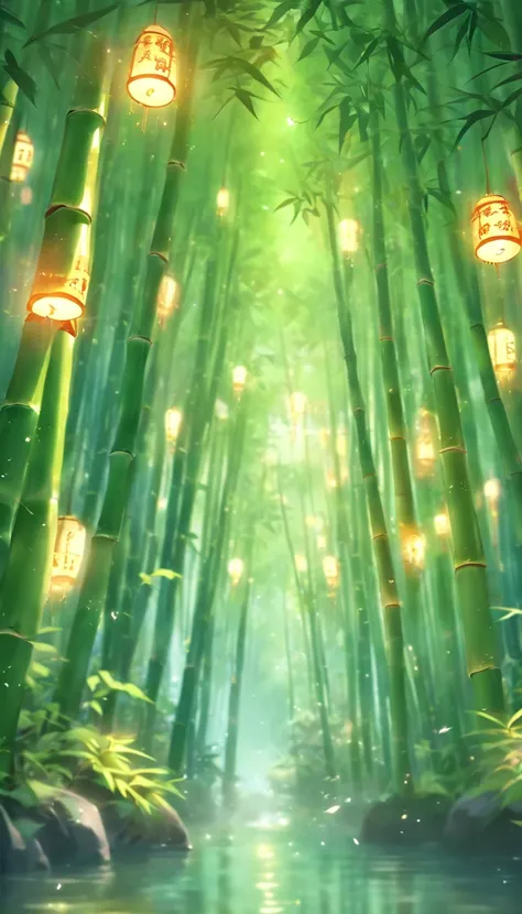 (best quality,4k,8k,highres,masterpiece:1.2),ultra-detailed,(realistic,photorealistic,photo-realistic:1.37),bamboo forest,moonlight through the bamboo forest,round moon,dancing fireflies,scattered white lanterns,anime background art,anime beautiful peacefu...