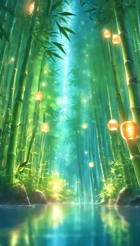 (best quality,4k,8k,highres,masterpiece:1.2),ultra-detailed,(realistic,photorealistic,photo-realistic:1.37),bamboo forest,moonlight through the bamboo forest,round moon,dancing fireflies,scattered white lanterns,anime background art,anime beautiful peacefu...