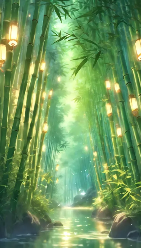 (best quality,4k,8k,highres,masterpiece:1.2),ultra-detailed,(realistic,photorealistic,photo-realistic:1.37),bamboo forest,moonlight through the bamboo forest,round moon,dancing fireflies,scattered white lanterns,anime background art,anime beautiful peacefu...