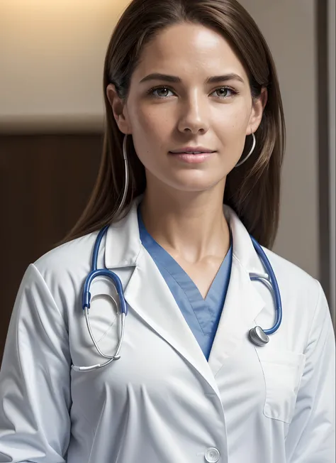 (skin blemish:1.2), (skindentation), freckles, moles, wrinkles, or blemishes, pores, skin texture, and fine lines, a close up of a woman in a white lab coat with a stethoscope, wearing lab coat and a blouse, doctor, by Jeanna bauck, nurse, professional pic...