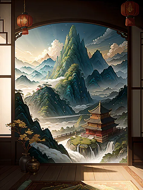 An ancient Chinese painting， ancient chinese background， mountain ranges， rios， Auspicious clouds， Pavilions， rays of sunshine， tmasterpiece， super detailing， Epic composition， hyper HD， high qulity， extremely detaile， offcial art， 统一 8k 壁纸， super detailin...