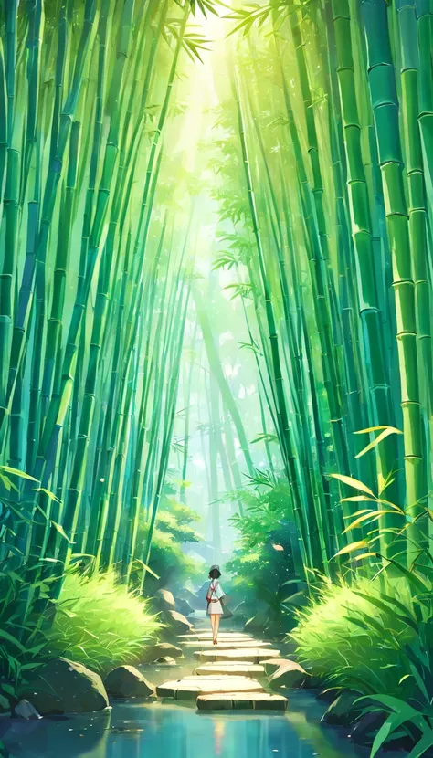 Draw a river in a bamboo forest，Moonlight shines through the bamboo forest at night, Round moon，Dancing fireflies，Scattered white lanterns，Anime background art, anime beautiful peace scene, beautiful anime scenery, Anime lush John 8K bamboo forest, mystica...