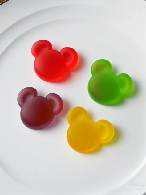 There are four different colors of gummy bears on the plate, Gummies, gummy bear, gummy bear, gumdrops, Mickey Mouse head, mickey mouse, jello, made of candy, delicacy, made of lollypops, Disney!!, Disney colors, High quality], 4 0 9 6, Gamine, 🐿🍸🍋, Confec...