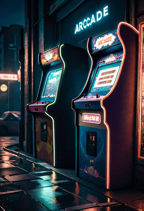 in a quiet night, an arcade machine emits a faint glow on the deserted street. the scene is rich in detail, with every component...