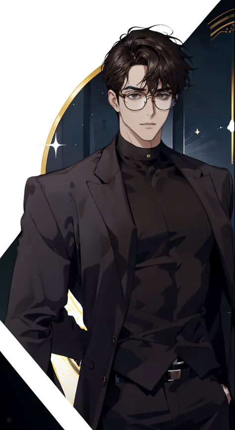 mature male wearing golden glasses，wearing black suits，a broad shouldered，large tall，dark brown  hair，look at the camera insidio...