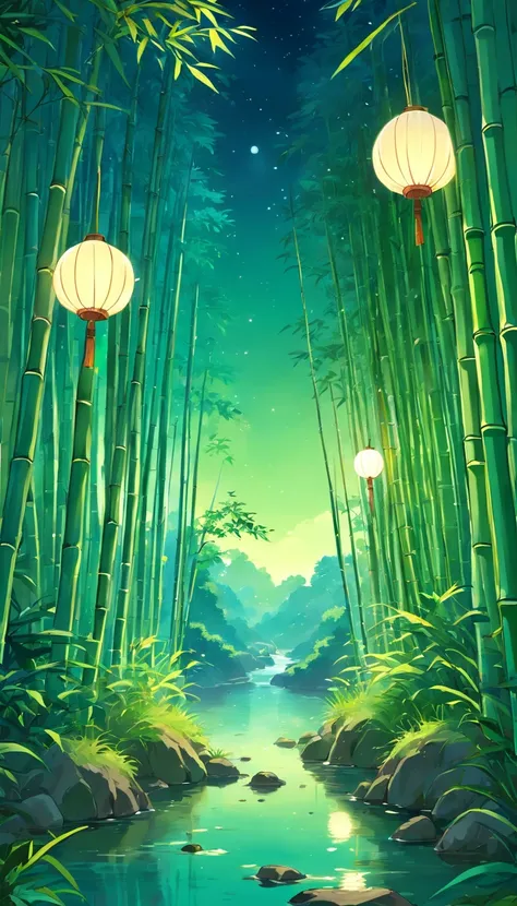 Draw a river in a bamboo forest，Moonlight shines through the bamboo forest at night, Round moon，Dancing fireflies，Scattered white lanterns，Anime background art, anime beautiful peace scene, beautiful anime scenery, Anime lush John 8K bamboo forest, mystica...