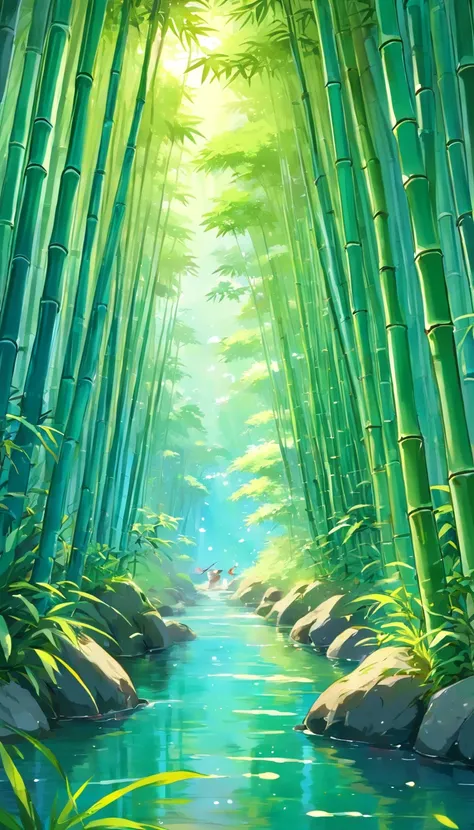 Draw a river in a bamboo forest，Moonlight shines through the bamboo forest at night, Round moon，Dancing fireflies，Scattered white lanterns，Anime background art, anime beautiful peace scene, beautiful anime scenery, Anime lush John 8K bamboo forest, mystica...