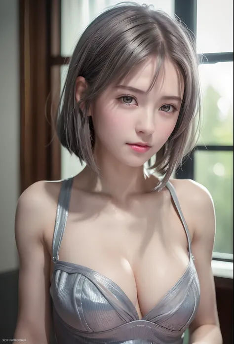 (8K, Photorealistic, Raw photo, of the highest quality: 1.3), (1girl in), Super beautiful, (Realistic face), (boyish, Silver Color Berry Shorthair), Beautiful , Glare that captivates the viewer, Beautiful expression, Beautiful breasts, (Realistic skin), Be...