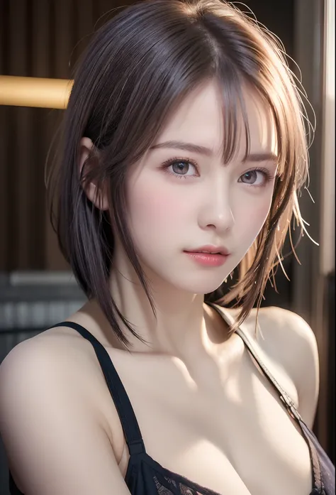 (8K, Photorealistic, Raw photo, of the highest quality: 1.3), (1girl in), Super beautiful, (Realistic face), (boyish, Silver Color Berry Shorthair), Beautiful , Glare that captivates the viewer, Beautiful expression, Beautiful breasts, (Realistic skin), Be...