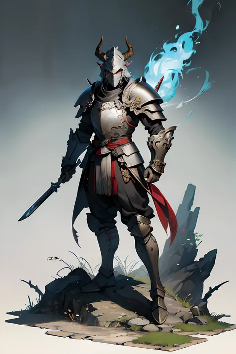 warrior, concept-art, author：Kishiganku, Fantasy art, battleground background, clean render, a horned, Wear a suit of armor, Detailed bushido form smoke, helmet of a forgotten deity, character is standing, 8k Realistic, in game render, detailed face backgr...