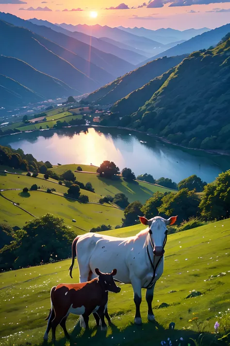 On top of a picturesque hill，Under verdant trees，The distant sunset stained the entire sky red。A gentle breeze ruffles the cows hair，They eat grass quietly，Leisurely chew with your head down。

The view from the top of the mountain is magnificent，Its like.....