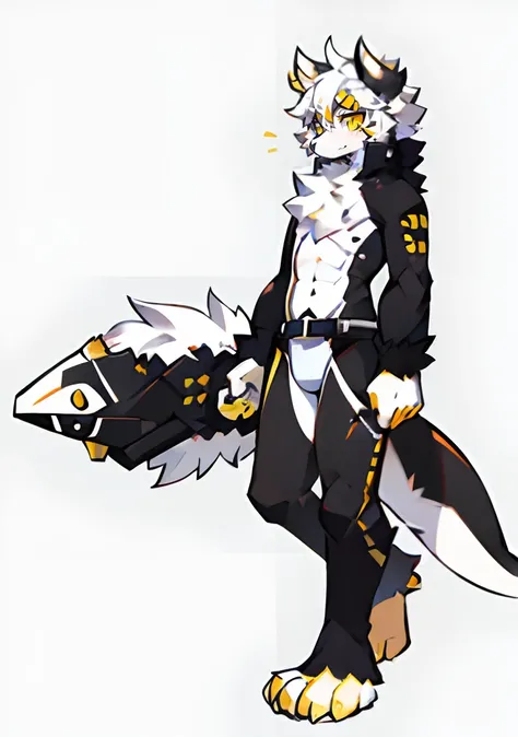 fluffy, Fluffy Man,  ,(Full-body fluffy fur, Crimp Terminal, Black and white feathers, yellow eyes, Yellow paws，white horns，Killer whale characteristics，They have short white hair.),