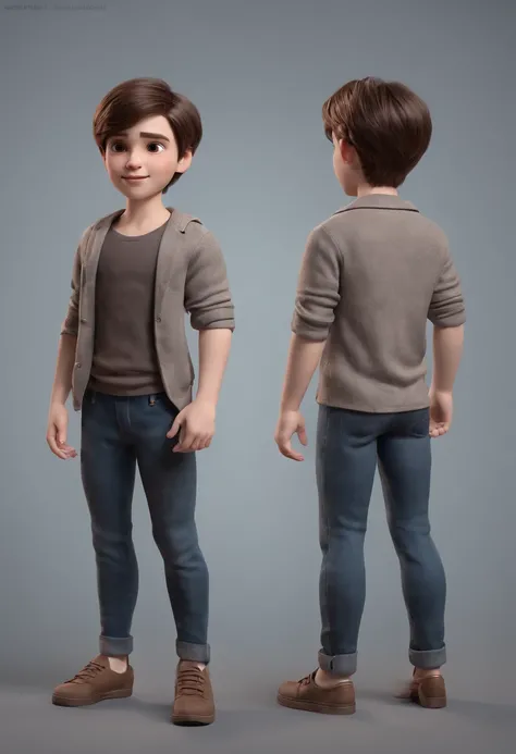 cartoon style boy full body ,brown hair  , different angles, character sheet, 3d model, 4 position, side left, side right,side back,side front, social clothing, clothing black.