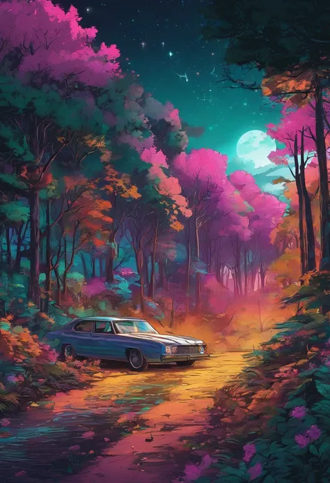 ln the forest，The background is night，The sky is full of stars，borgar，digital landscape art, Detailed scenery —width 672, landscape artwork, environment design illustration, scenery art detailed, Road cars, concept-art, 4k highly detailed digital art, 4 k ...