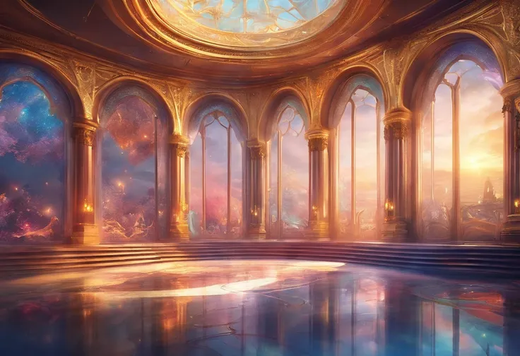 create Fantasy Wallpaper Art 1920x1080p, Opera House Inside, 3D, Majestic Opera House Inside, Stairs, Window, Ice Color Mix with gold color, Epic