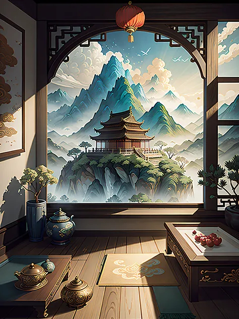 An ancient Chinese painting， ancient chinese background， mountain ranges， rios， Auspicious clouds， Pavilions， rays of sunshine， tmasterpiece， super detailing， Epic composition， hyper HD， high qulity， extremely detaile， offcial art， 统一 8k 壁纸， super detailin...