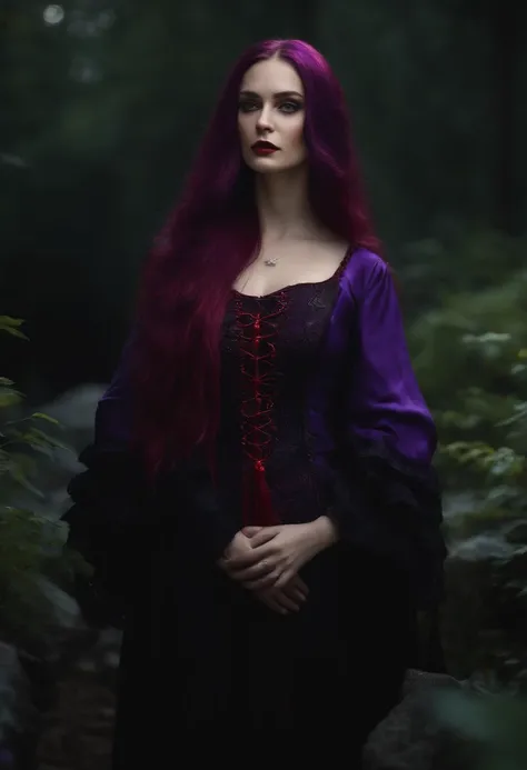 Woman, jellyfish, (feudal middle age:1.1), Slavic appearance, (long straight purple hair gradient pro red), (red eyes), (strong expression look), purple lipstick, fair skin, (black color gothic clothes with red details:1.1), yellow scales on the hands, cin...