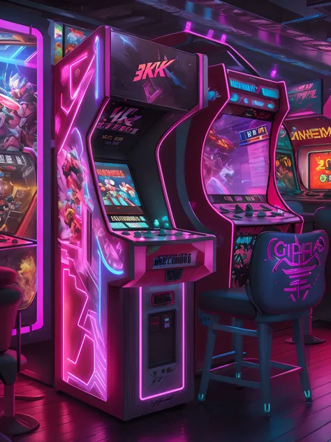 (k hd，tmasterpiece:1.2).Cyberpunk arcade。。。。。。，Large arcade machine,Play games for girls，，3Drenderingof，neonlight，