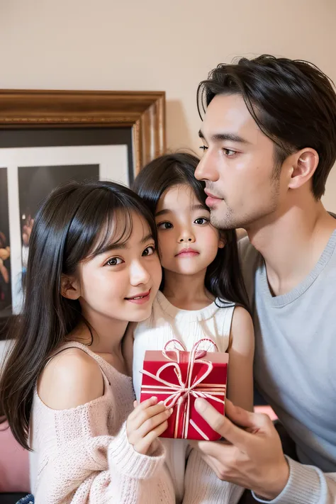 A European and American man and two little European and American girls with exquisite facial features，Man reading a love card, family photos, product introduction photos, Happy family, Large gift box, Portrait photo, Gifts, Ultra-detailed, high resolution,...