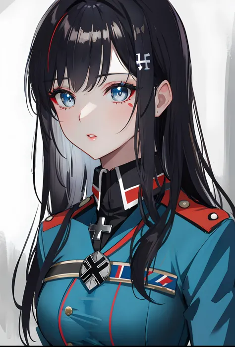 a tall and slender girl wearing a uniform of the Waffen-SS, prominently displaying the Iron Cross medal. (best quality, ultra-detailed) She has icy blue eyes that are meticulously detailed, with long, voluminous eyelashes. Her lips are beautifully shaped a...