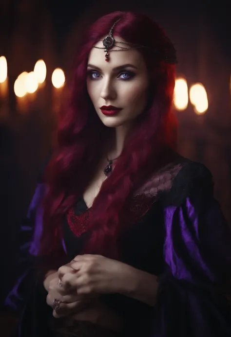 Woman, jellyfish, (feudal middle age:1.1), Slavic appearance, (long straight purple hair gradient pro red), (red eyes), (strong expression look), purple lipstick, fair skin, (black color gothic clothes with red details:1.1), yellow scales on the hands, cin...