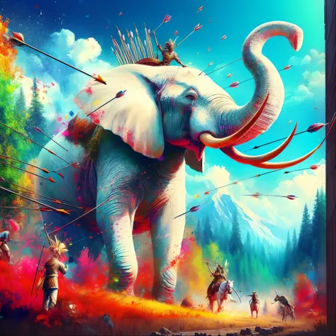 painting of an elephant with arrows and people riding on horseback, epic surrealism 8k oil painting, colorfull digital fantasy art, epic fantasy digital art style, epic digital art illustration, 3 d epic illustrations, fantasy art behance, beeple masterpie...