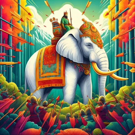 illustration of a man riding an elephant in a forest with a lot of people, an enormous elephant king, an elephant king, a beautiful artwork illustration, epic full color illustration, el bosco and dan mumford, colored elephant art, colorfull illustration, ...