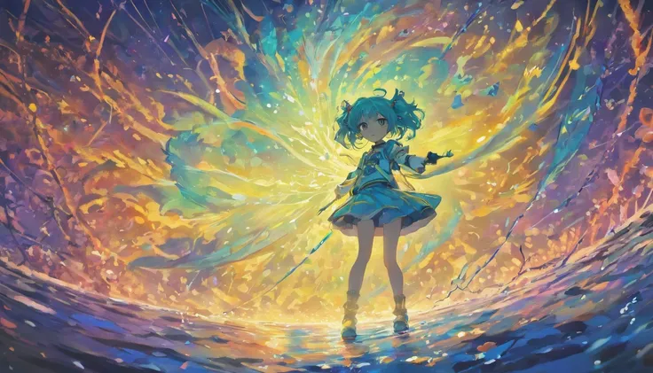 cyber punk perssonage，magical little girl，facing at camera，Full body like，Hair flows in water，Magic wand in hand，Magic Array，Under the sea full of dreams ，There are fish，sea weed，The corals，