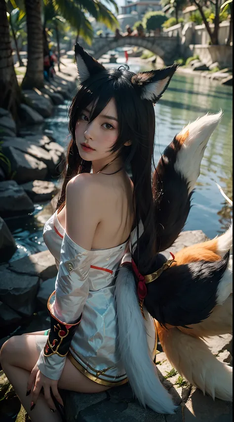 1 Girl, Fox, Fox  (League of Legends), K/DA  (League of Legends), Animal Ears, Face Markers, Fox Ears, Fox Tail, Orange Eyes, Multiple Tails, Tail, Water Protection