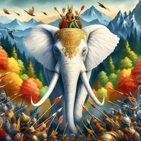 painting of an elephant with a crown on its head surrounded by other animals, an enormous elephant king, an elephant king, symmetrical epic fantasy art, award - winning epic painting, epic full color illustration, by Alexander Kucharsky, highly detailed fa...