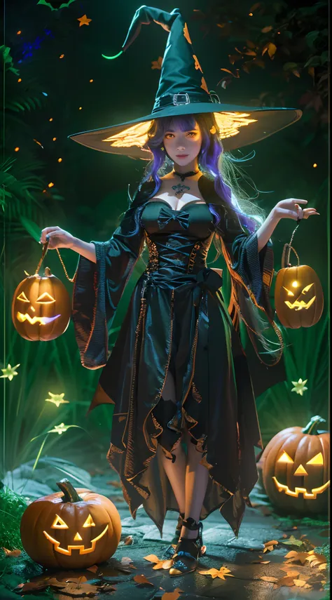 a witch, full body dynamic poses, witch enjoy a halloween party night, small waterfall, glowing jack-o'-lantern, half moon, blur...