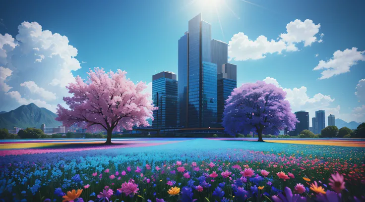 vibrant blue tinted colors, skyscraper, highly saturated colors, Fujifilm Fujichrome Provia 100F film, flower field, purity and dreamy symbolism, (muted colors:1.2), (photon mapping), octane render + hyper realistic, storage, (8k), hdr, sunny,