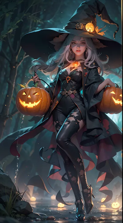 A Witch, full body dynamic poses, witch enjoy a halloween party night, small waterfall, glowing Jack-o-lantern, half moon, blurred background, ultra high detailed, rich light, rendered by advanced micro devices (AMD RX 7900), 24K super HD resolution, night...