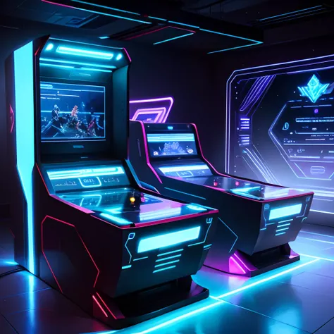 Quantum video game, LEDs, retrofuturistic style, futuristic video game design, quantum futuristic arcade.