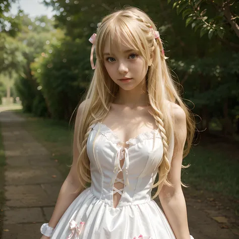 Anime, one girl, beautifull shiny long light blonde hair, hair ribbons , very light and plae skin , 17 years old , Lolita dress ,