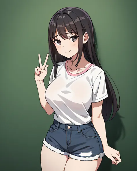 1girl, medium height, black eyes, pink long, thick thighs, sexy smile, wearing plain white shirt, denim shorts, medium size breast, slim waist, perfect fingers, 5fingers, HD, high res, looking at viewer, high quality