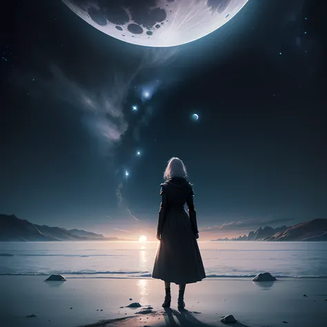 There was a woman standing on the beach looking at the moon, girl looks at the space, 《A femme fatale on the shores of the Milky Way》, cinematic beeple, dreamlike digital painting, jessica rossier fantasy art, High quality fantasy stock photo, portrait of ...