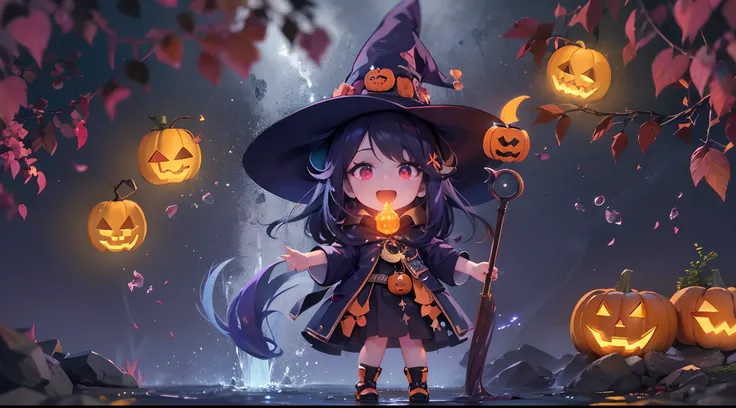 a witch, full body dynamic poses, witch enjoy a halloween party night, small waterfall, glowing jack-o'-lantern, half moon, blur...