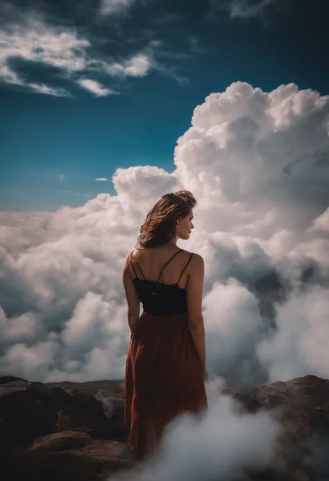 On the clouds sat the girl，The figure is good，Focused，8k wallpaper