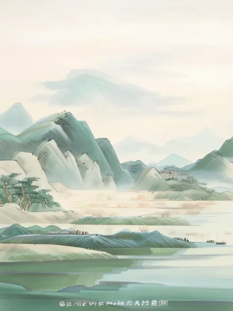 there is a painting of a mountain scene with a river, Detailed scenery —width 672, peaceful scenery, landscape artwork, Chinese landscape, Chinese painting style, in a serene landscape, Chinese watercolor style, Landscape illustration, Beautiful Landscape ...