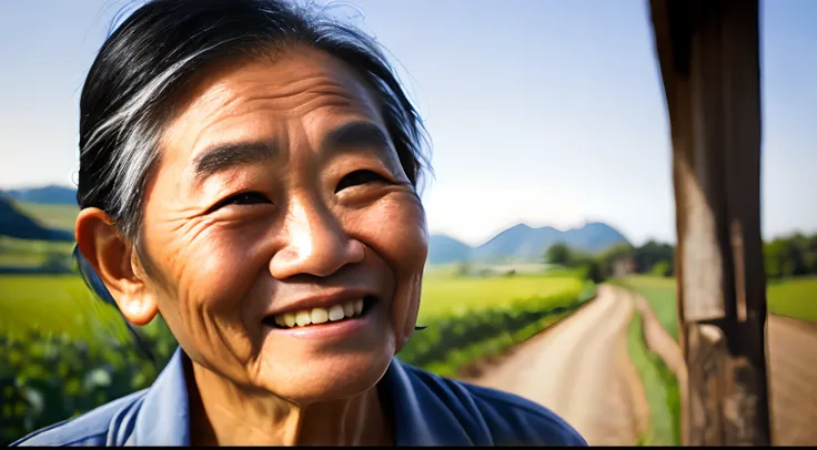 (High quality,16k,Ultra-detailed,Photography:1.2), (Realistic, Smiling face), (An elderly Asian farmer, There are noticeable wrinkles on the face), (Festive countryside，scenic landscape, Bust photo),